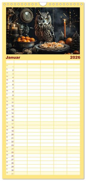 Produktbild: Familienplaner 2026 - Stillleben mit Eule mit 5 Spalten (Wandkalender, 21 x 45 cm) CALVENDO