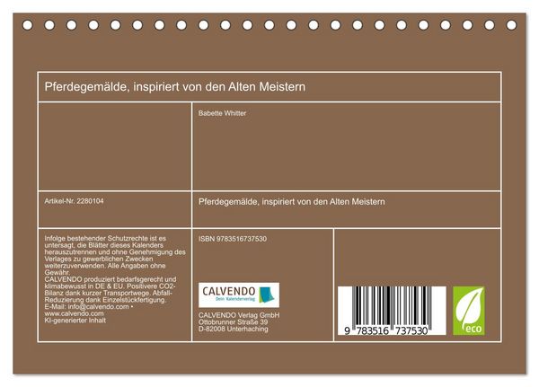 Produktbild: Pferdegem&auml;lde, inspiriert von den Alten Meistern (Tischkalender 2026 DIN A5 quer), CALVENDO Monatskalender