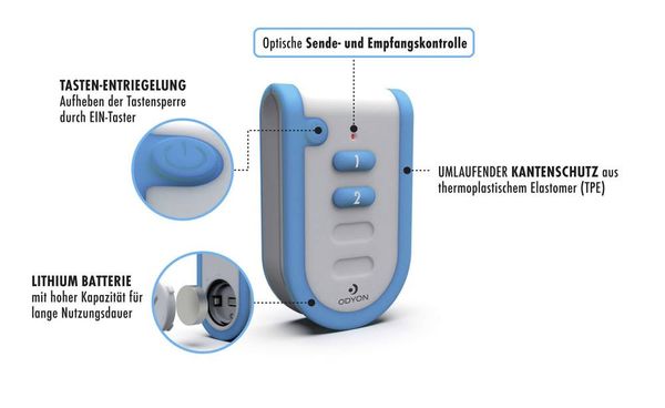Produktbild: m-e modern-electronics Odyon ODYON pro HS-2 3 V Funk-Handsender, Fernbedienung mit Empfangskontrolle 2-Kanal Reichweite max. (im Freifeld) 1 m