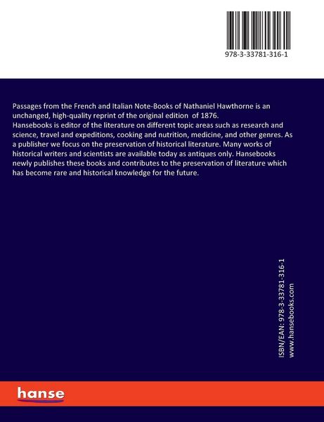 Produktbild: Passages from the French and Italian Note-Books of Nathaniel Hawthorne