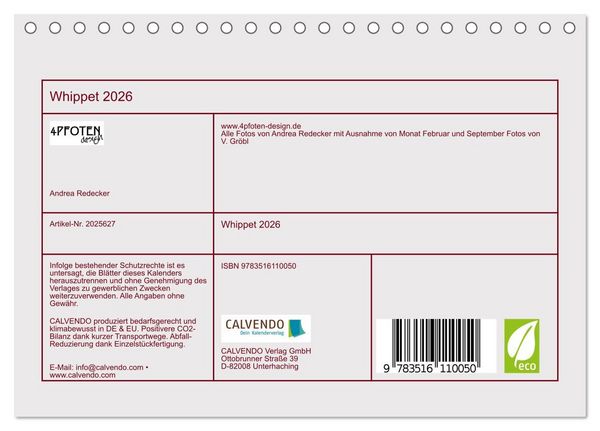 Produktbild: Whippet 2026 (Tischkalender 2026 DIN A5 quer), CALVENDO Monatskalender