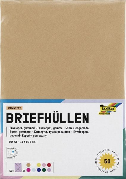 Produktbild: Folia Briefh&uuml;llen, Briefumschl&auml;ge, Kuverts, gummiert, ca. 11 x 15,5 cm, passend f&uuml;r DIN A6, 50 St&uuml;ck