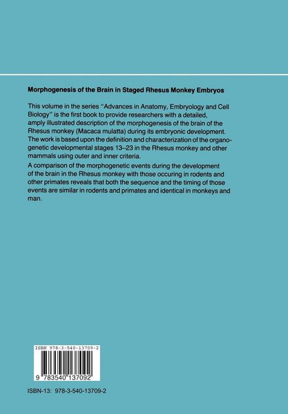 Produktbild: Morphogenesis of the Brain in Staged Rhesus Monkey Embryos