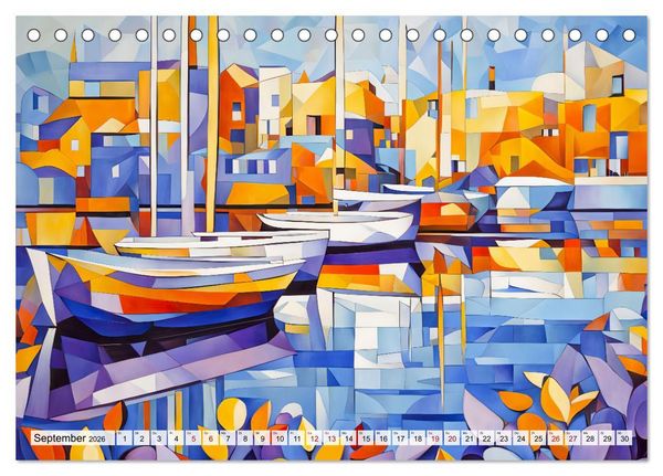 Produktbild: Kubistische Stadtlandschaften - Geometrische Urban Art am Wasser (Tischkalender 2026 DIN A5 quer), CALVENDO Monatskalender