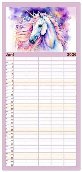 Produktbild: Familienplaner 2026 - Magische Einh&ouml;rner - Traumlandschaften unterm Regenbogen mit 5 Spalten (Wandkalender, 21 x 45 cm) CALVENDO