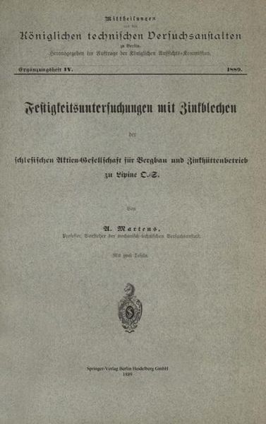 Produktbild: Festigkeitsuntersuchungen mit Zinkblechen der schlesischen Aktien-Gesellschaft f&uuml;r Bergbau und Zinkh&uuml;ttenbetrieb zu Lipine D.-S.