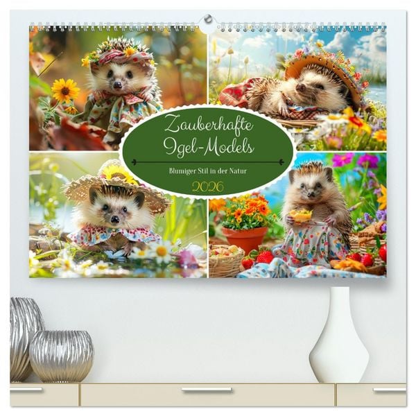 Produktbild: Zauberhafte Igel-Models. Blumiger Stil in der Natur (hochwertiger Premium Wandkalender 2026 DIN A2 quer), Kunstdruck in Hochglanz