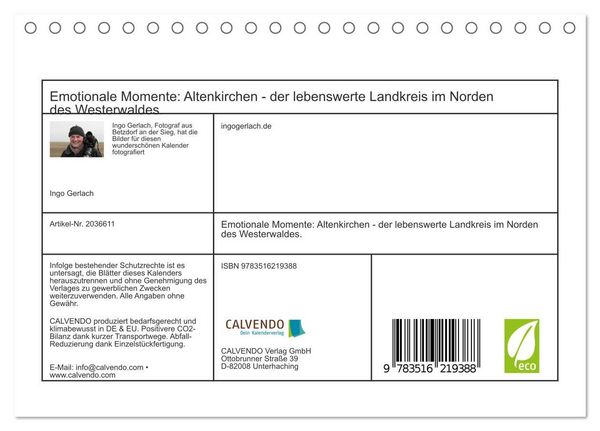 Produktbild: Emotionale Momente: Altenkirchen - der lebenswerte Landkreis im Norden des Westerwaldes. (Tischkalender 2026 DIN A5 quer), CALVENDO Monatskalender
