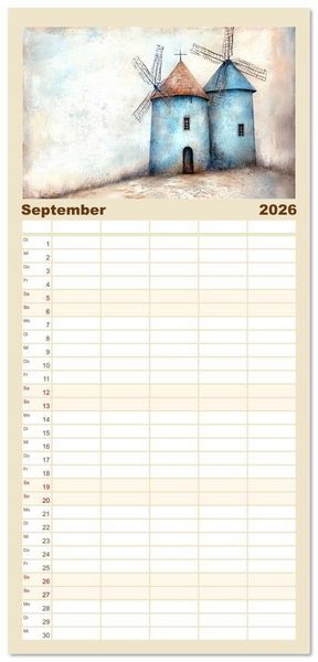 Produktbild: Familienplaner 2026 - Windgefl&uuml;ster-M&uuml;hlenimpressionen mit 5 Spalten (Wandkalender, 21 x 45 cm) CALVENDO
