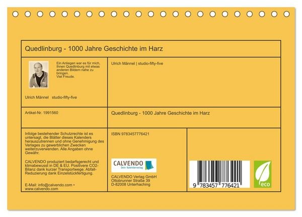 Produktbild: Quedlinburg - 1000 Jahre Geschichte im Harz (Tischkalender 2026 DIN A5 quer), CALVENDO Monatskalender