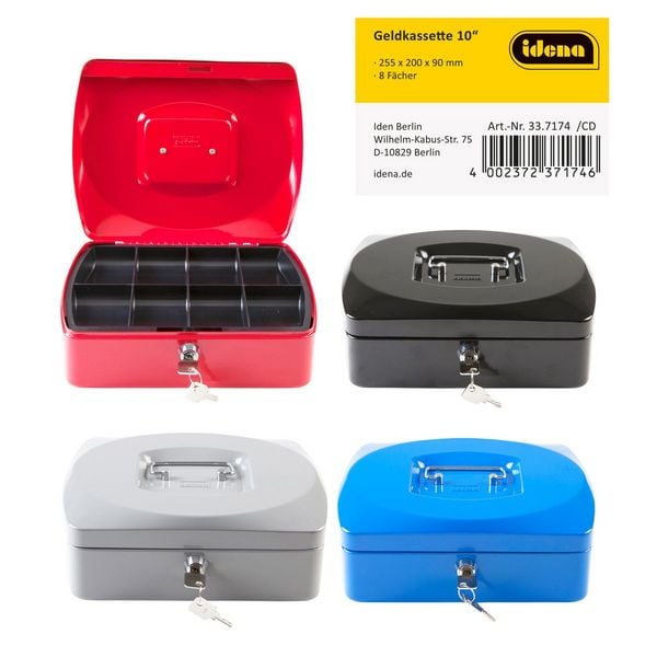 Idena Geldkassette Größe 10 aus Metall 8 Fächer 25,5x20x9cm 4fach sortiert