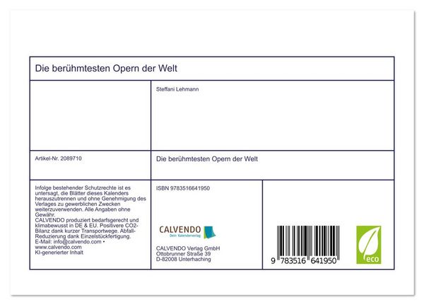 Produktbild: Die ber&uuml;hmtesten Opern der Welt (Tischkalender 2026 DIN A5 quer), CALVENDO Monatskalender