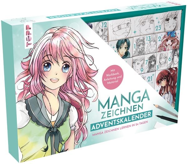 Produktbild: Manga zeichnen Adventskalender - Manga zeichnen lernen in 24 Tagen. Mit Anleitungsbuch, Workbook und Zeichenmaterial