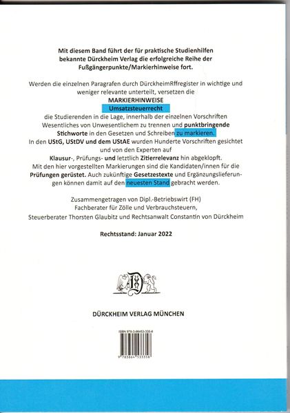 Produktbild: UMSATZSTEUERRECHT D&uuml;rckheim-Markierhinweise/Fu&szlig;g&auml;ngerpunkte f&uuml;r das Steuerberaterexamen
