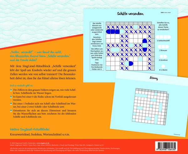 Produktbild: Schiffe versenken. Jetzt ohne Gegner alleine spielen. Der Spiele-Klassiker als Einzel-Spieler-Version. Ged&auml;chtnistraining und Logik-Spiel f&uuml;r stundenlangen R&auml;tsel-Spa&szlig;. R&auml;tsel-Block im XXL-Format