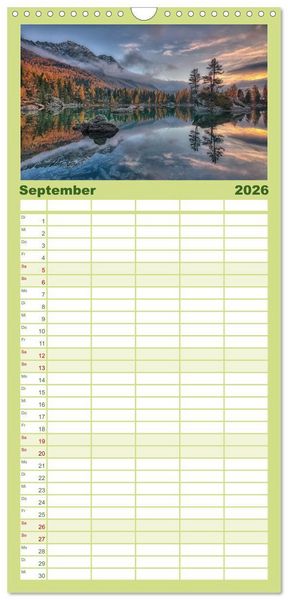 Produktbild: Familienplaner 2026 - Bergstille - Landschaften, die ber&uuml;hren mit 5 Spalten (Wandkalender, 21 x 45 cm) CALVENDO