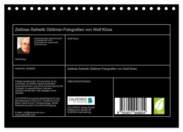 Produktbild: Zeitlose &Auml;sthetik Oldtimer-Fotografien von Wolf Kloss (Tischkalender 2026 DIN A5 quer), CALVENDO Monatskalender