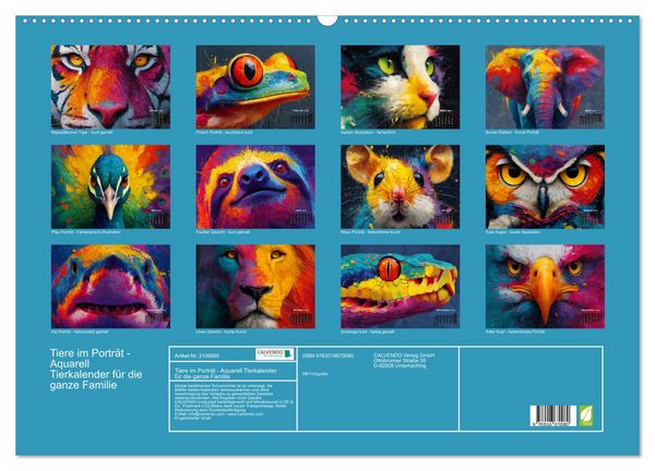 Produktbild: Tiere im Portr&auml;t - Aquarell Tierkalender f&uuml;r die ganze Familie (Wandkalender 2026 DIN A2 quer), CALVENDO Monatskalender