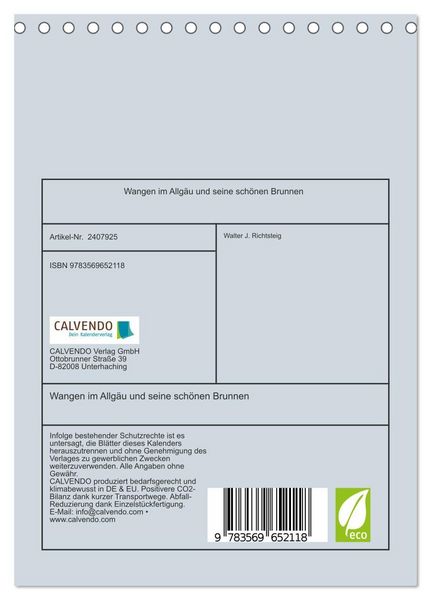 Produktbild: Wangen im Allg&auml;u und seine sch&ouml;nen Brunnen (Tischkalender 2027 DIN A5 hoch), CALVENDO Monatskalender