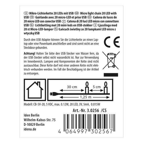 Produktbild: Idena Lichterkette 20 Micro LED warmwei&szlig; mit USB 1,25m