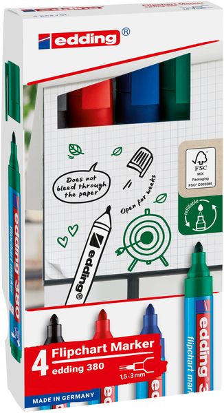 Produktbild: edding Flipchart Marker 380 1,5-3mm schwarz/rot/blau/gr&uuml;n 4 St&uuml;ck