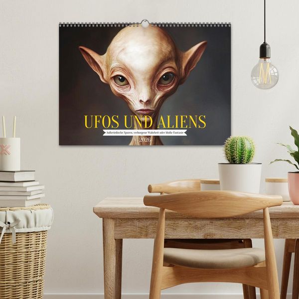 Produktbild: UFOs und Aliens - Au&szlig;erirdische Spuren, verborgene Wahrheit oder blo&szlig;e Fantasie (Wandkalender 2026 DIN A3 quer), CALVENDO Monatskalender