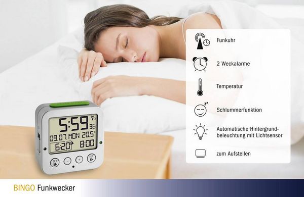 Produktbild: TFA Dostmann 60.2528.54 Funk Wecker Silber Alarmzeiten 2