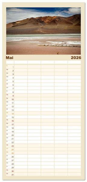 Produktbild: Familienplaner 2026 - Die Farben der Anden - Argentinien und Chile mit 5 Spalten (Wandkalender, 21 x 45 cm) CALVENDO