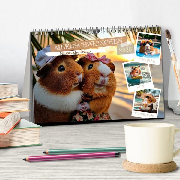 Produktbild: Meerschweinchen - Hauptsache Urlaub (Tischkalender 2026 DIN A5 quer), CALVENDO Monatskalender