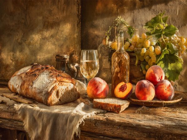 Produktbild: CALVENDO Puzzle Sommerk&uuml;che auf Holztisch, duftendes Brot, Fr&uuml;chte und ein Glas im Abendlicht | 1000 Teile Lege-Gr&ouml;&szlig;e 64x48cm Foto-Puzzle f&uuml;r gl&uuml;cklic