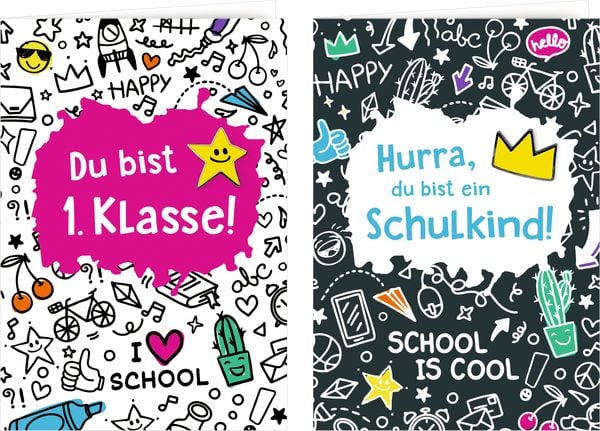 Produktbild: Gru&szlig;karte mit Wegbegleiter-Pin &ndash; Du bist 1. Klasse / Hurra, du bist ein Schulkind!