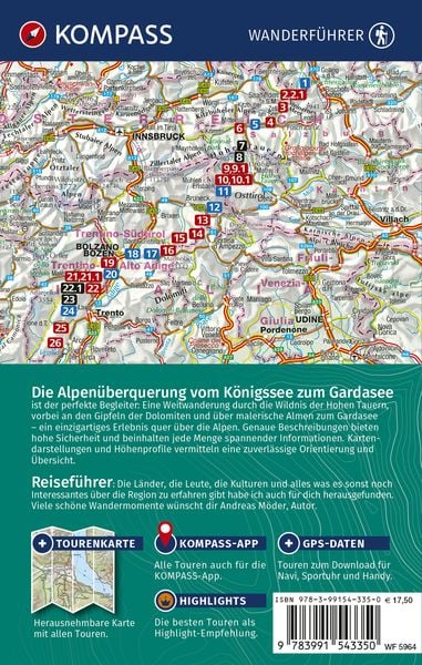 Produktbild: KOMPASS Wanderführer Die Alpenüberquerung vom Königssee zum Gardasee, 26 Etappen mit Extra-Tourenkarte