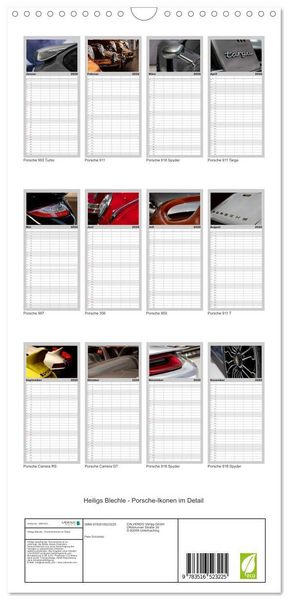 Produktbild: Familienplaner 2026 - Heiligs Blechle - Porsche-Ikonen im Detail mit 5 Spalten (Wandkalender, 21 x 45 cm) CALVENDO