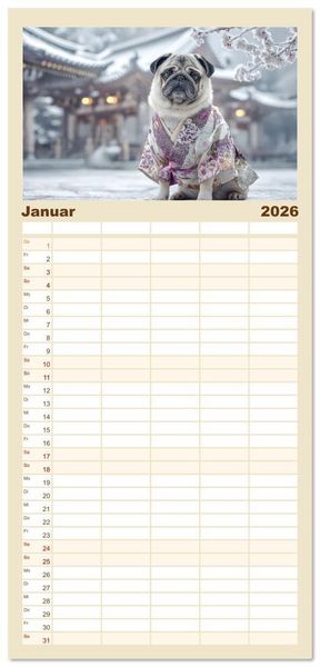 Produktbild: Familienplaner 2026 - Eine Mopsige Weltreise mit 5 Spalten (Wandkalender, 21 x 45 cm) CALVENDO