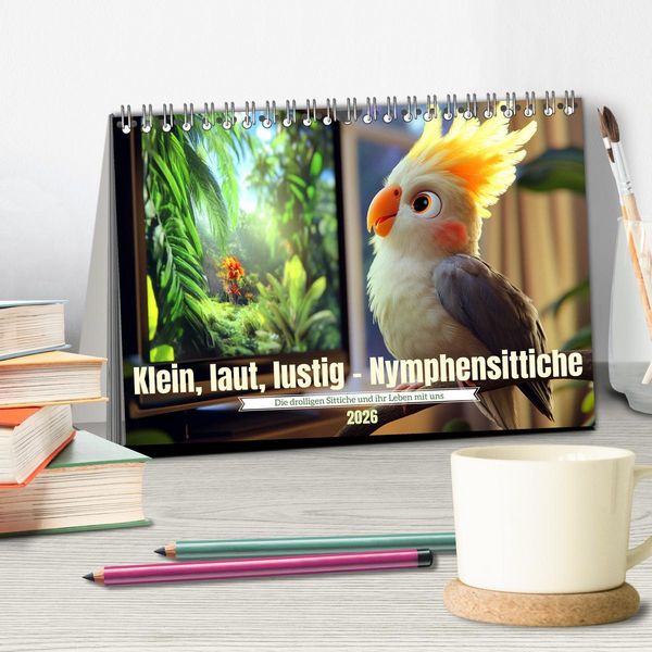 Produktbild: Klein, laut, lustig - Nymphensittiche (Tischkalender 2026 DIN A5 quer), CALVENDO Monatskalender