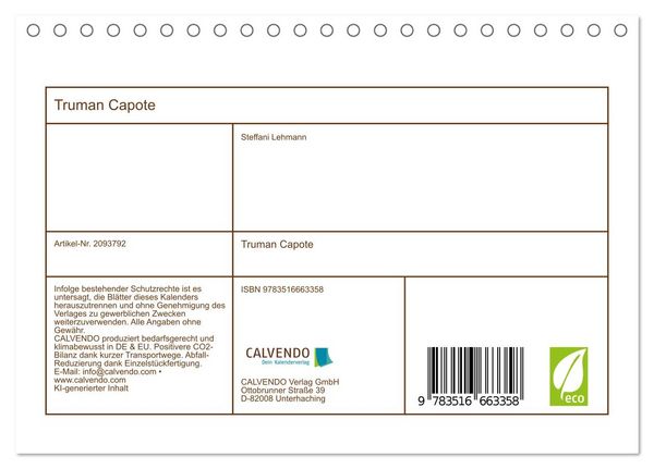 Produktbild: Truman Capote (Tischkalender 2026 DIN A5 quer), CALVENDO Monatskalender