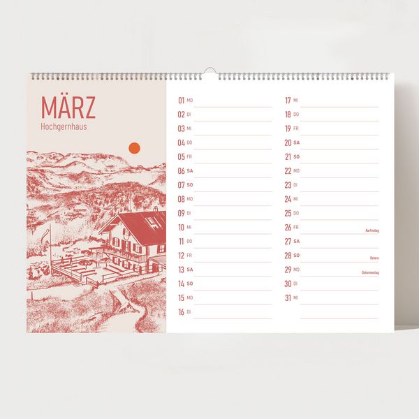 Produktbild: Alm Kalender 2027 &ndash; Chiemgauer Alpen | Handgezeichneter Wandkalender mit 12 Almen | Illustrativer Monatskalender, A4 quer