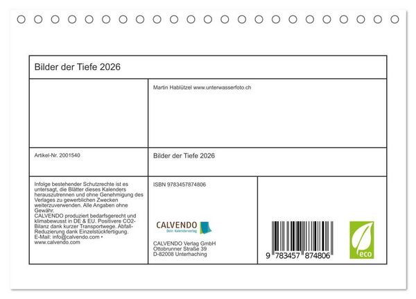 Produktbild: Bilder der Tiefe 2026 (Tischkalender 2026 DIN A5 quer), CALVENDO Monatskalender