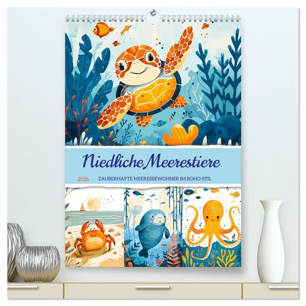 Produktbild: Niedliche Meerestiere - Zauberhafte Meeresbewohner im Boho-Stil (hochwertiger Premium Wandkalender 2026 DIN A2 hoch), Kunstdruck in Hochglanz