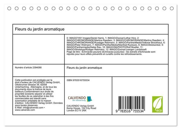 Produktbild: Fleurs du jardin aromatique (Calendrier de bureau 2027 DIN A5 vertical), CALVENDO calendrier mensuel