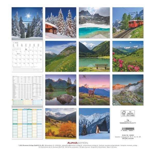 Produktbild: Alpha Edition - Alpen 2026 Broschürenkalender, 30x30cm, Wandkalender mit Platz für Notizen und Termine, Aufnahmen der Alpen, Monatsübersicht und Ferie