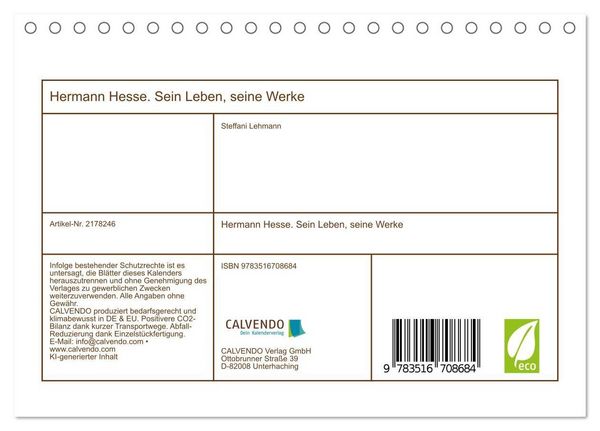 Produktbild: Hermann Hesse. Sein Leben, seine Werke (Tischkalender 2026 DIN A5 quer), CALVENDO Monatskalender