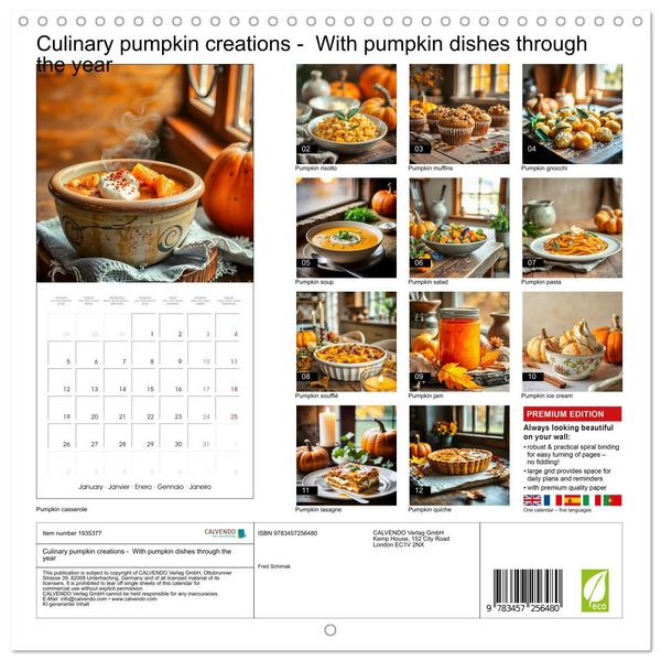Produktbild: Culinary pumpkin creations - With pumpkin dishes through the year (Wall Calendar 2026 12 &times; 12 Inch) CALVENDO 12 Month Wall Calendar