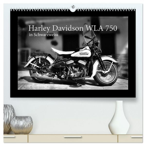 Harley Davidson WLA 750 in Schwarzweiss (hochwertiger Premium Wandkalender 2026 DIN A2 quer), Kunstdruck in Hochglanz