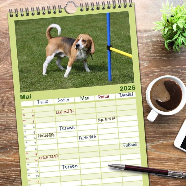 Produktbild: Familienplaner 2026 - Beagle mit 5 Spalten (Wandkalender, 21 x 45 cm) CALVENDO