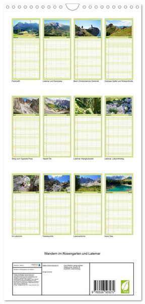 Produktbild: Familienplaner 2026 - Wandern im Rosengarten und Latemar mit 5 Spalten (Wandkalender, 21 x 45 cm) CALVENDO