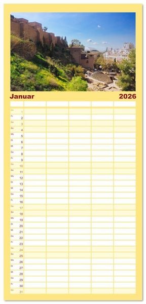 Produktbild: Familienplaner 2026 - Malaga Highlights der Stadt an der Costa del Sol mit 5 Spalten (Wandkalender, 21 x 45 cm) CALVENDO