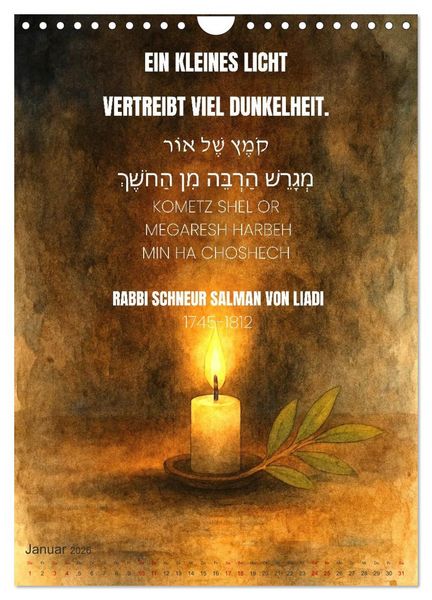Produktbild: Weisheit, Licht und Leben &ndash; J&uuml;dische Inspiration durchs Jahr (Wandkalender 2026 DIN A4 hoch), CALVENDO Monatskalender