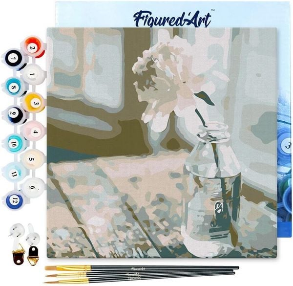 Produktbild: FiguredArt SFA085-Y - Mini Malen nach Zahlen, Wei&szlig;e Blume, Leinwand-Keilrahmen 20x20cm, DIY Bastelset, Paint by Numbers