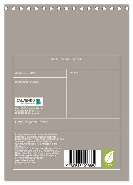 Produktbild: Berge, Pagoden, Tempel (Tischkalender 2026 DIN A5 hoch), CALVENDO Monatskalender
